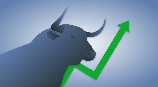 Graphic of a bull in front of a green arrow pointing upwards.